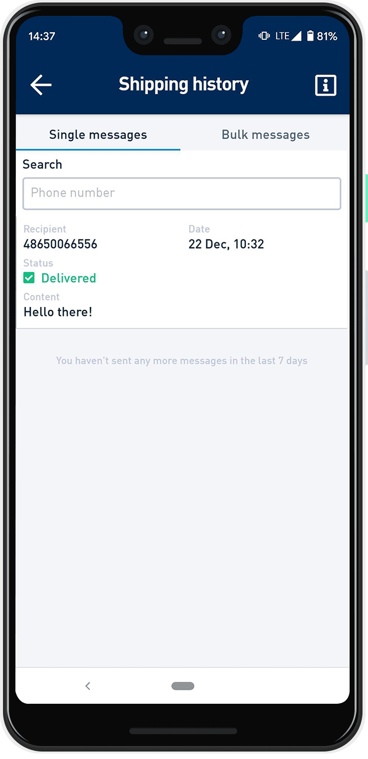 app screenshot of sms history